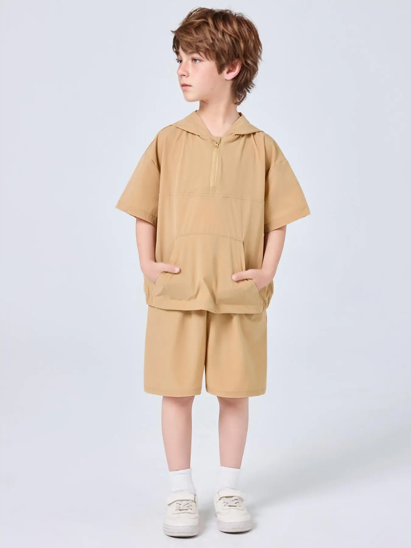 Boys' Suit Hooded Short Sleeve Quick Drying Top Solid Color Shorts (Top+Shorts)