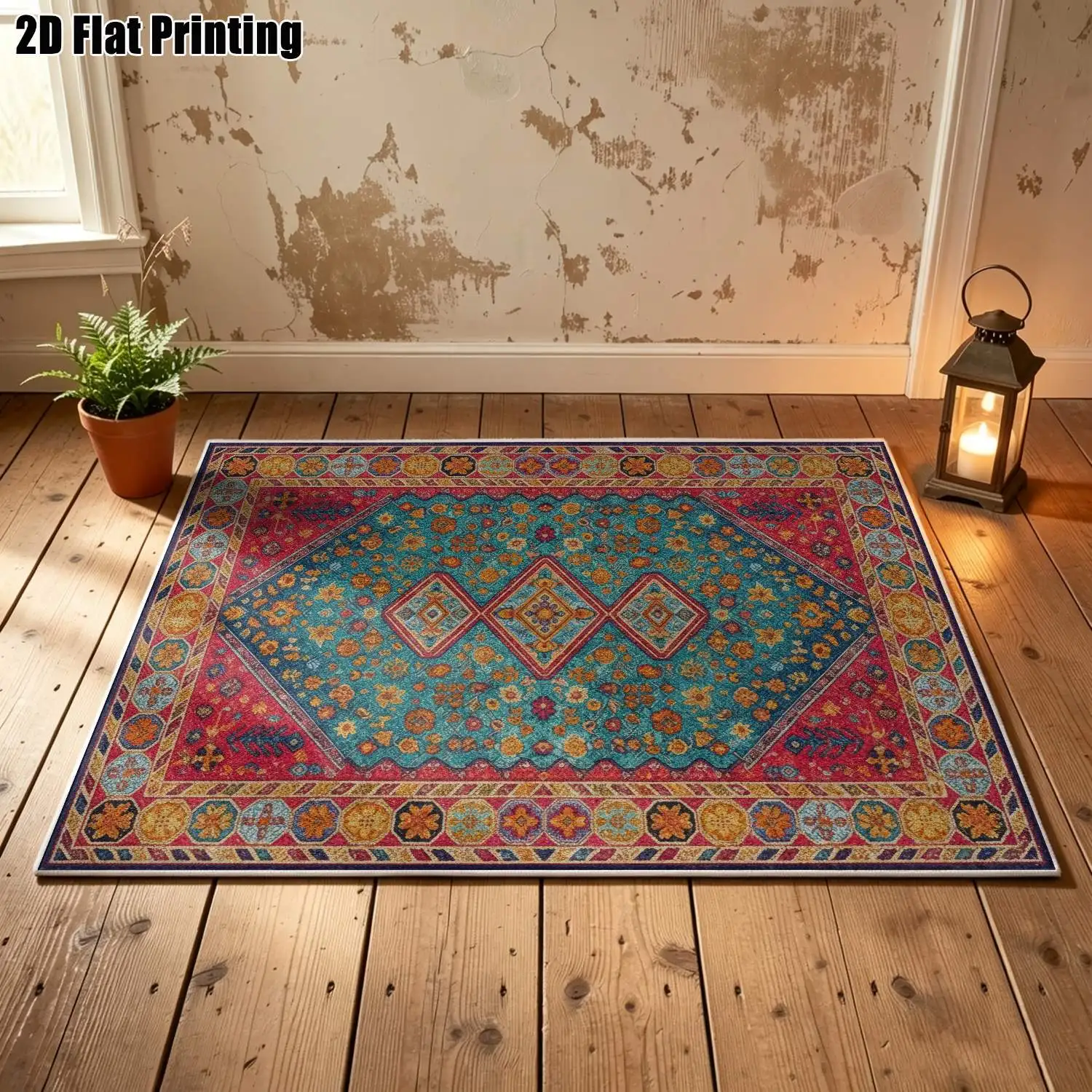 1Pc 2D Printed Retro Red-Edged Geometric Diamond Velvet Carpet: Vintage, Boho, European Style, Multi-Size, Machine Washable, for Home Decor & Multi-Scenarios