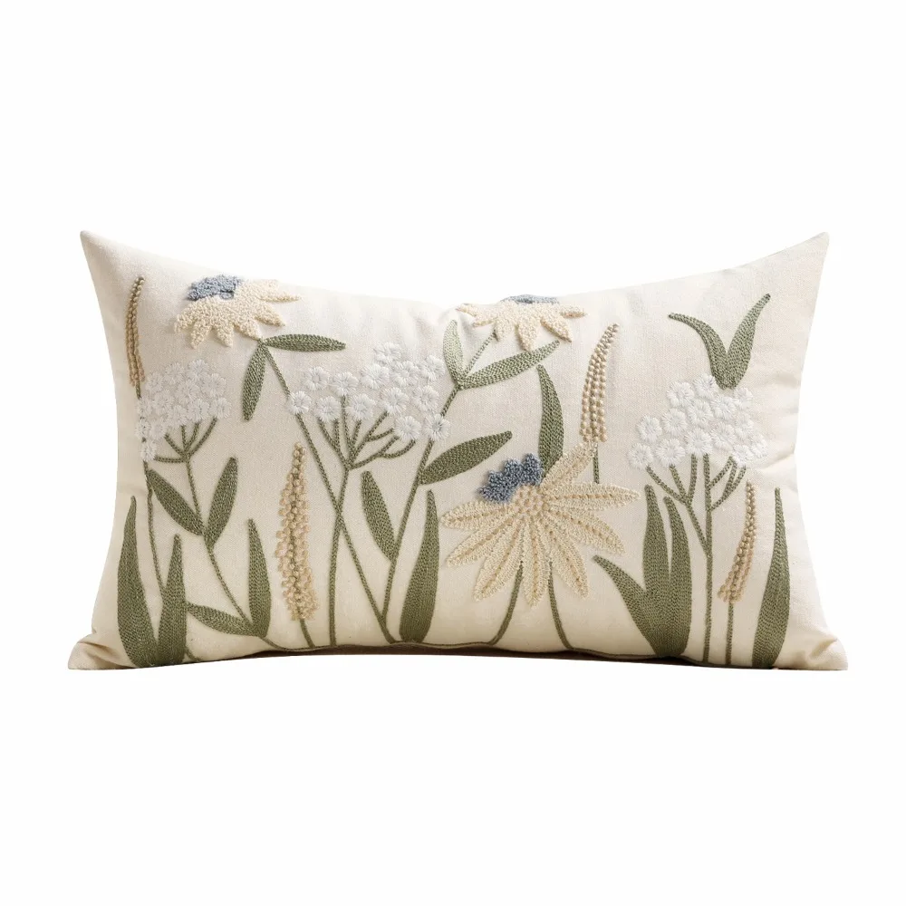 Pastoral Floral Embroidered Cushion Cover Square Canvas Tufted Throw Pillow Cover Wear Resistant Spring Theme Throw Pillowcase