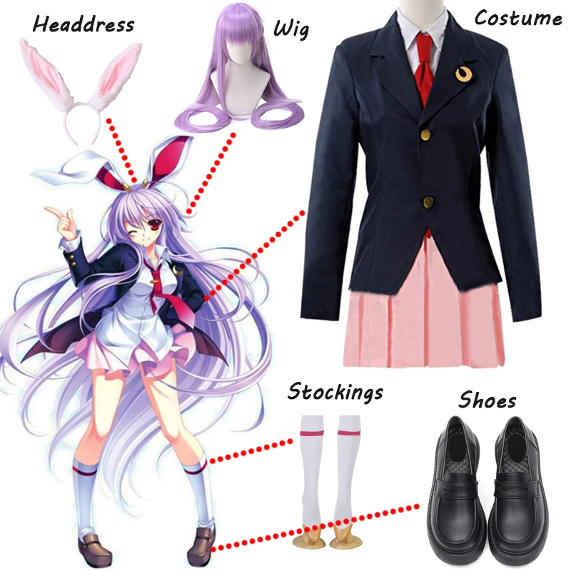 Disfraz de Cosplay de Touhou Project para niñas y mujeres, vestido de uniforme escolar de Anime, tocado de Halloween, Reisen Udongein Inaba