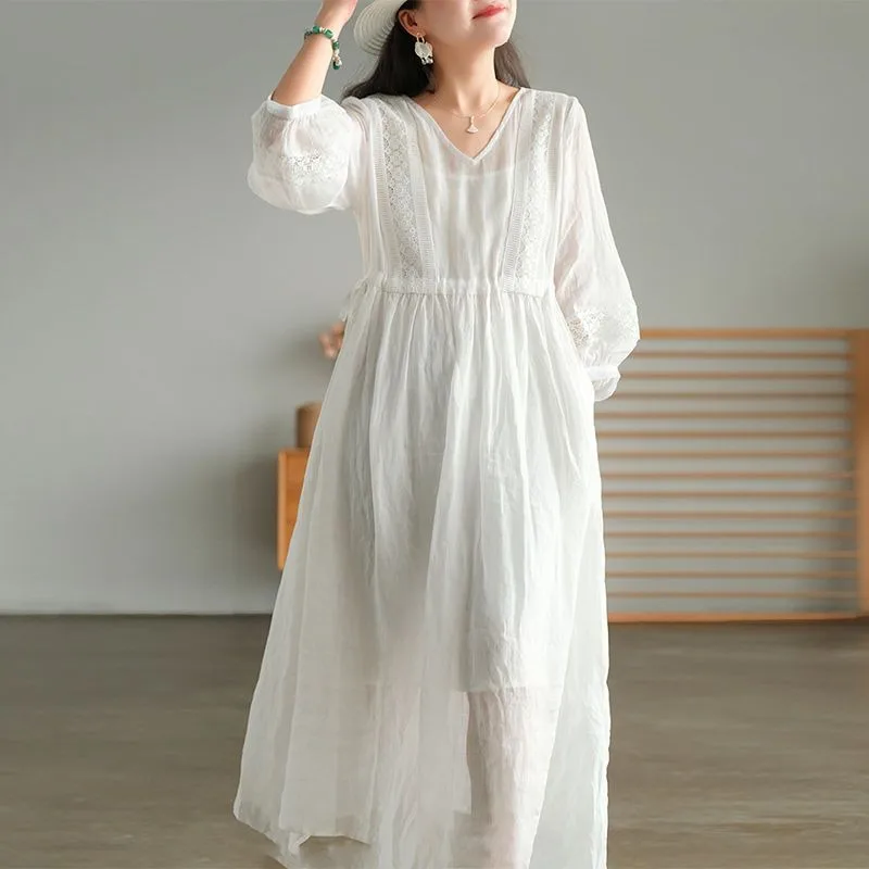 Literary Style Lace Splicing V-neck Dress Women's Summer High-end Comfortable Lace-up Waist Long Skirt
