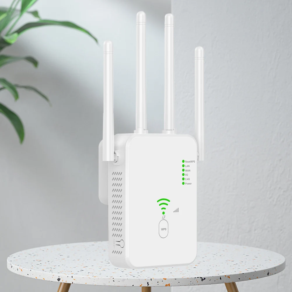 UK/US/EU Wireless WiFi Repeater with 4 Antennas Internet Signal Booster Dual Band 5GHz/2.4GHz Wide Coverage for Home Hotel