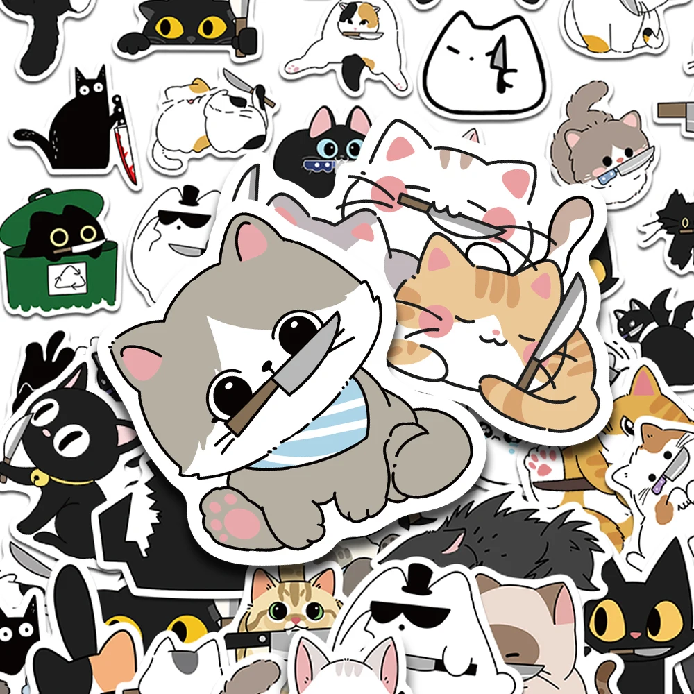 

50pcs Cat With Knife Stickers Decals For Phone Laptop Scrapbook Suitcase Guitar DIY Aesthetic Waterproof Stickers Creative Gifts