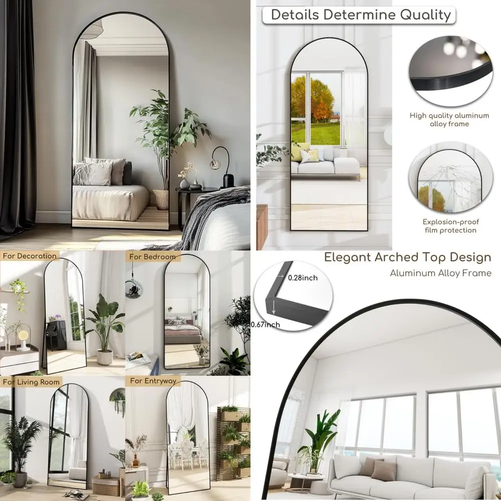 مرآة حائط علوية مقوسة بطول كامل لغرفة النوم - مرآة أرضية قائمة بذاتها مع حامل، مرآة جسم كبيرة مقاس 71 × 26 لديكور المنزل