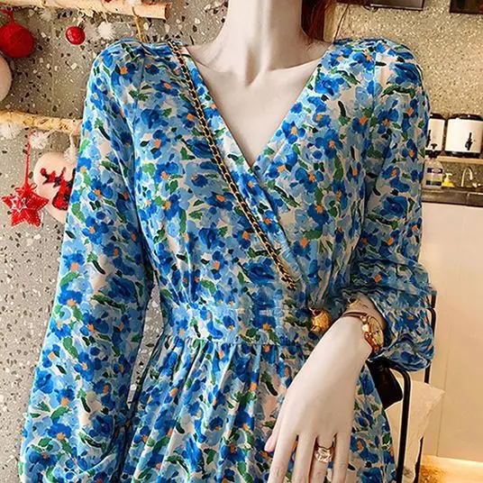 French Spring and Autumn New Floral with Oil Painting Style Very Immortal and Elegant Temperament Folding Waist Retro Dresses