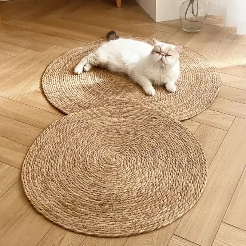 Pet Cat Litter Round Hand Woven Rattan Cat Puppy Nest Summer Cooling Pad Kitten Scratching Mat Cotton Rope Washable