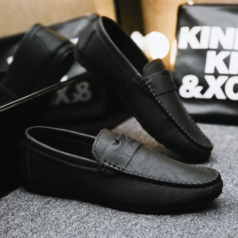 Loafers Flat Man Casual Shoe Black Leather Shoes for Men Soft Moccasin Round Toe Common Size 45 Low Price New in Cowhide Elegant