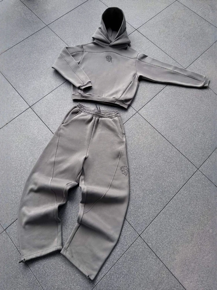 

HOUZHOU Vintage Casual 2 Piece Sets Women Embroidery Gray Loose Pant Sets American Retro Streetwear Oversized Classic Pant Sets