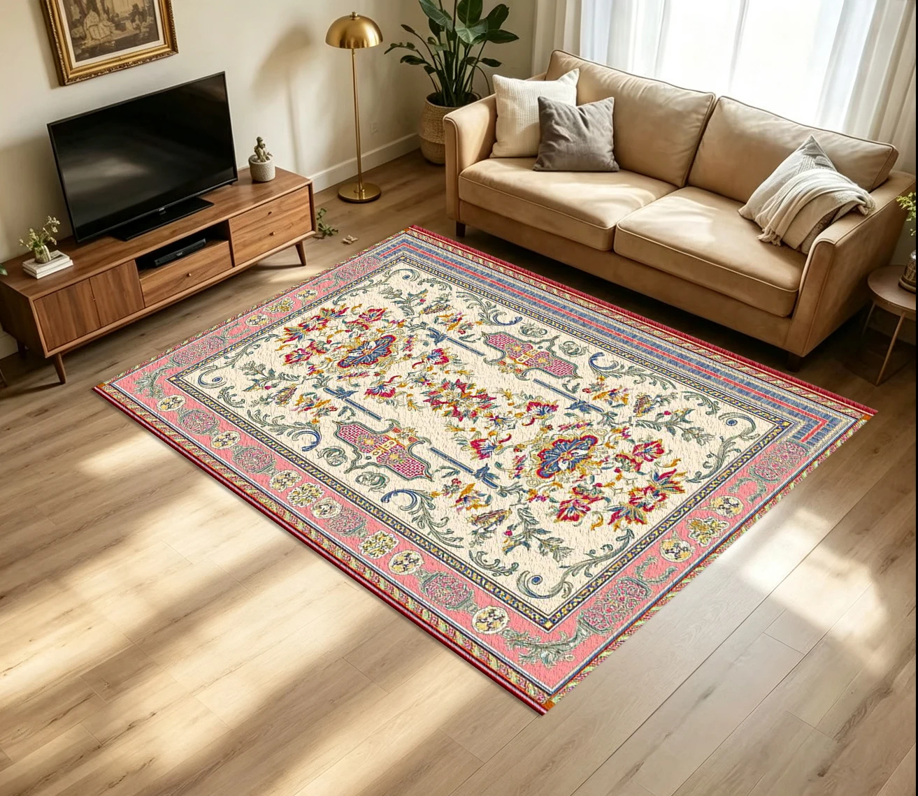 Pink Border Vintage Oriental Floral Carpet Flooring Traditional Luxury Home Rug
