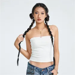 Women Lace Trim Flower Decor Strapless Tube Top Y2k Off Shoulder Backless Bandeau Top Knitted Aesthetic Crop Tank Top Streetwear