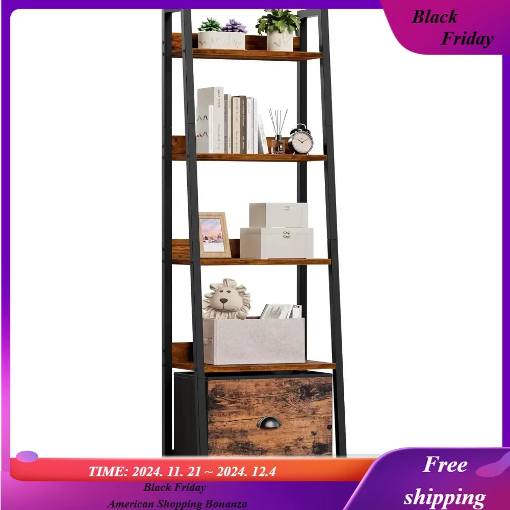 

5-Tier Ladder Shelf, Ladder Bookshelf with Removable Drawer, Rustic Bookcase Storage Rack Organizer,