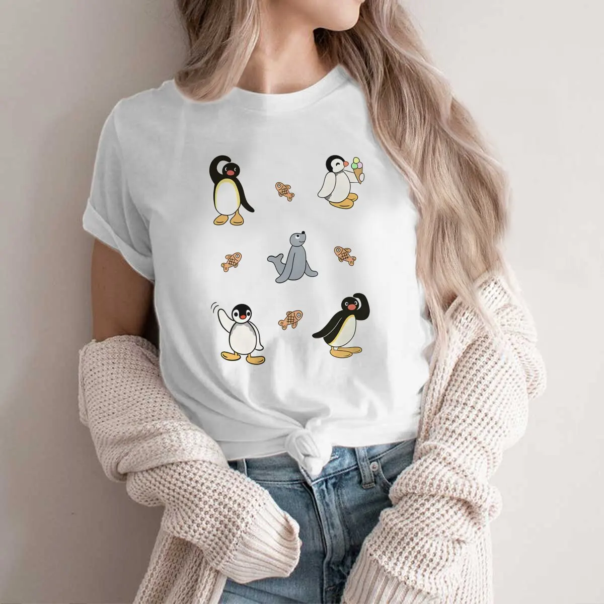 Friends Newest Polyester TShirts Pingu Female Harajuku Tops T Shirt Round Neck