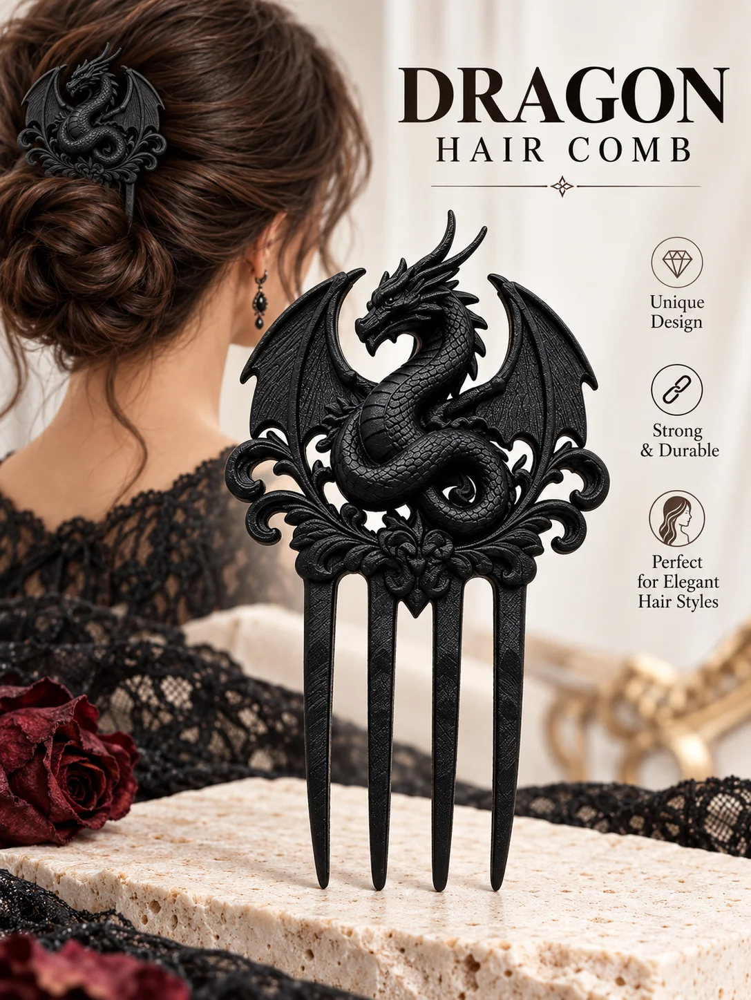 Dark Academy Style Witch-Style Hairpin, Gothic Victorian Black Dragon Four-Pronged Hair Fork, 3D Printed Matte Baroque Relief Hair Accessory, Winged Dragon Medieval Fantasy Design Hairpin, Non-Slip, Sturdy, Durable, Unique Design, Suitable for Daily Wear, Dates, Parties, Weddings, Brides, Halloween, Cosplay, Renaissance Market, Women, Girls, Avant-Garde, Eye-Catching Headpiece
