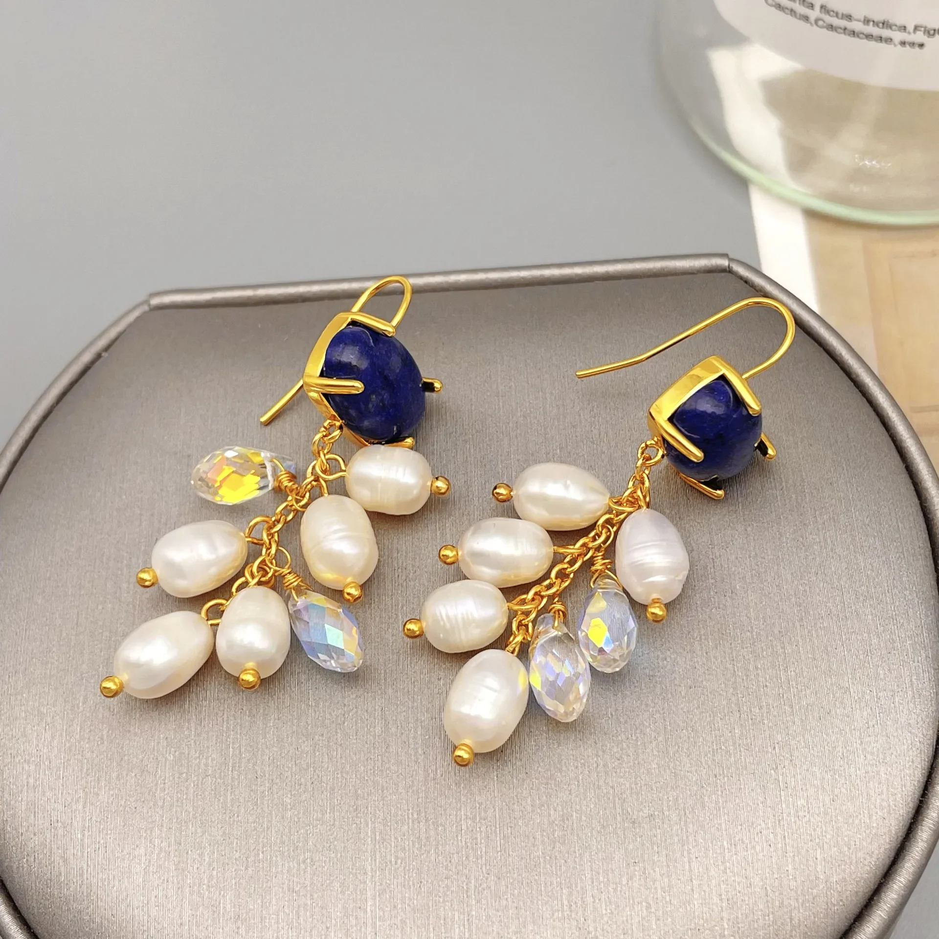 Korean Elegant Natural Frashwater Pearl Tassel Earrings for Women Golden Blue Crystal  Bridal Earrings Jewelry Gift