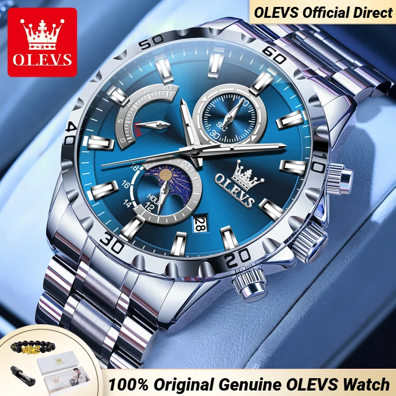 OLEVS 2953 Exclusive Design Men's Watches Full Stainless Steel Moon Phase Waterproof Chronograph Quartz Watch for Men Genuine