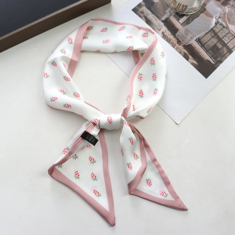 Sweet Strawberry Print Women Small Silk Scarf Handle Bag Ribbons Female Head Scarves Sharp Angle For Women  100*9cm