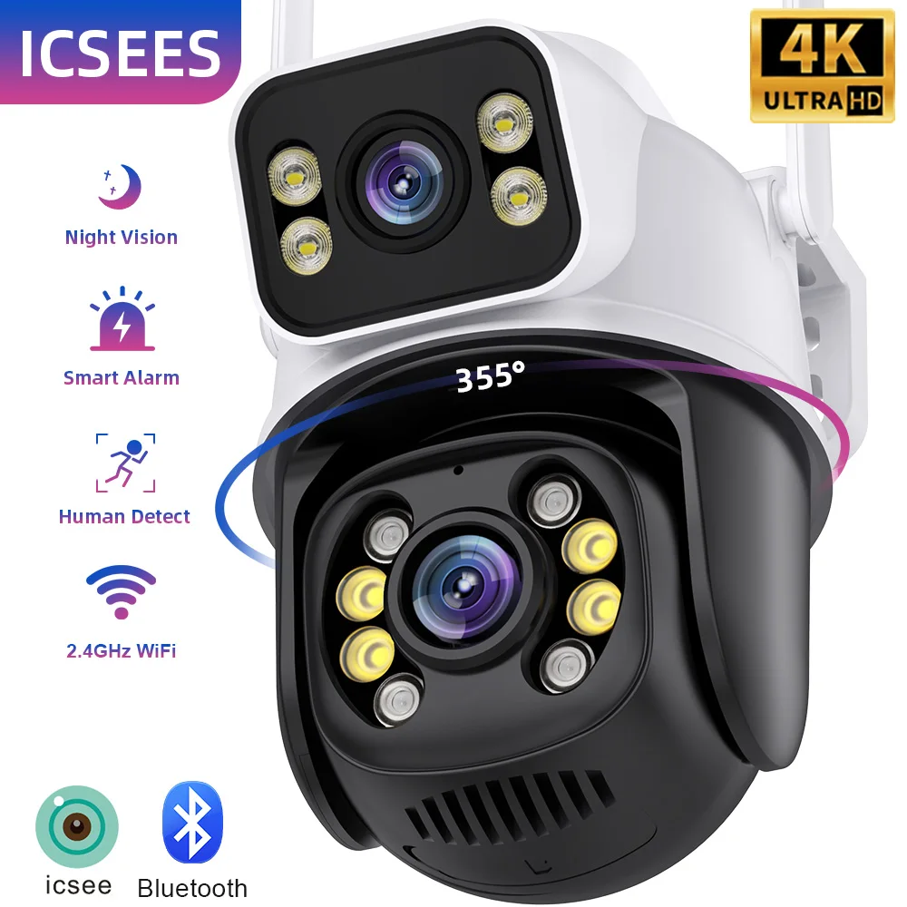 

ICsees Dome Surveillance Camera 4K Dual Lens PTZ Camera Outdoor Wireless Wifi Security Camera Human Detect Support NVR VMS