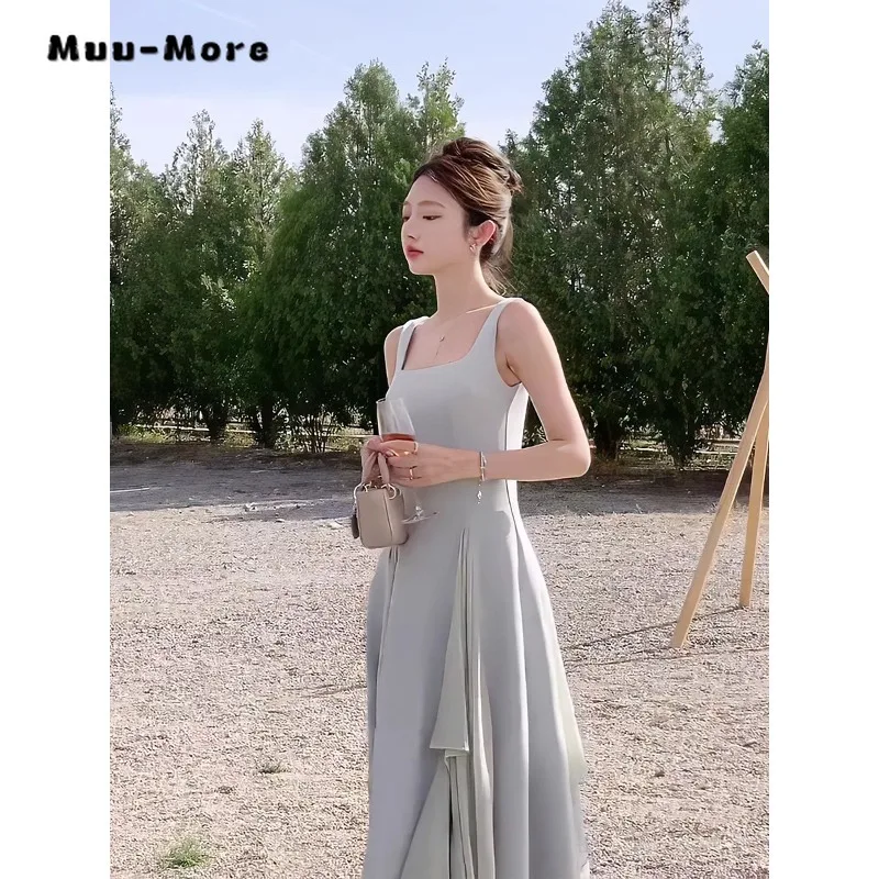 

2024 Spring Summer High-end Solid Color Square Collar Ruffled Asymmetrical Decorate Dresses Women Elegant Suspender Dresses