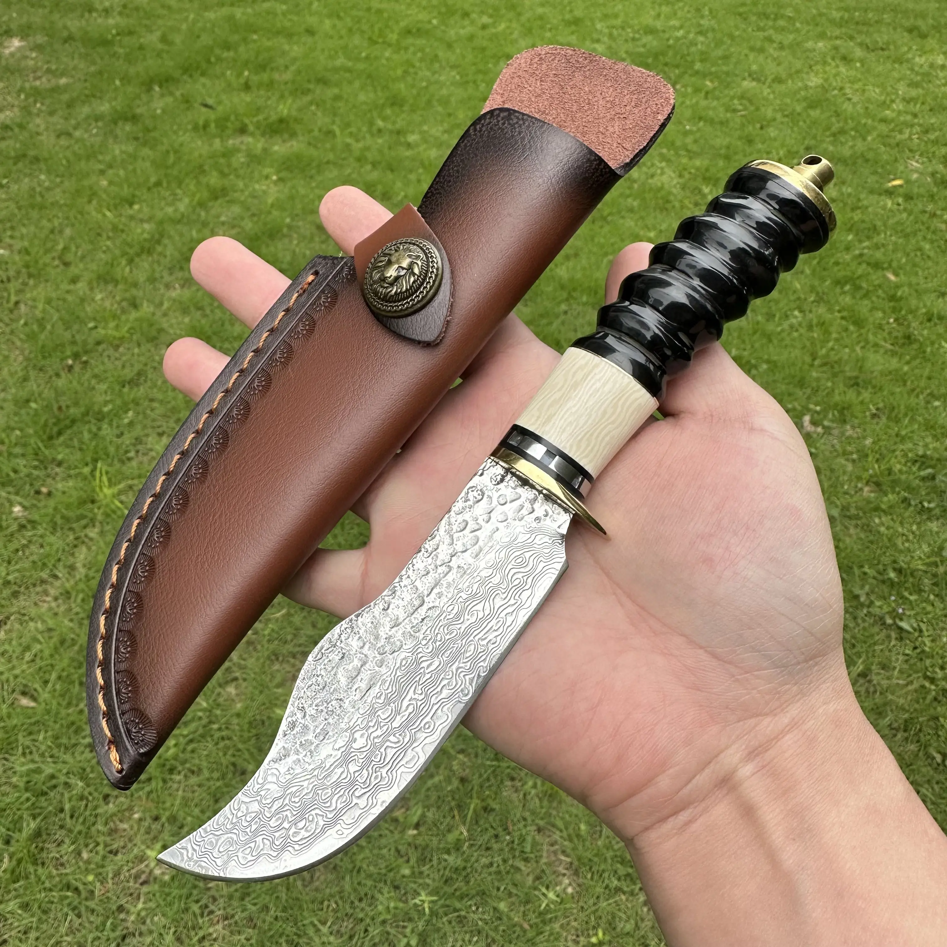 Topwell Handmade Collection Knife Bull Horns & Ivory Handle Real VG10 Damascus Blade Outdoor Camping Beautiful Gift For Men