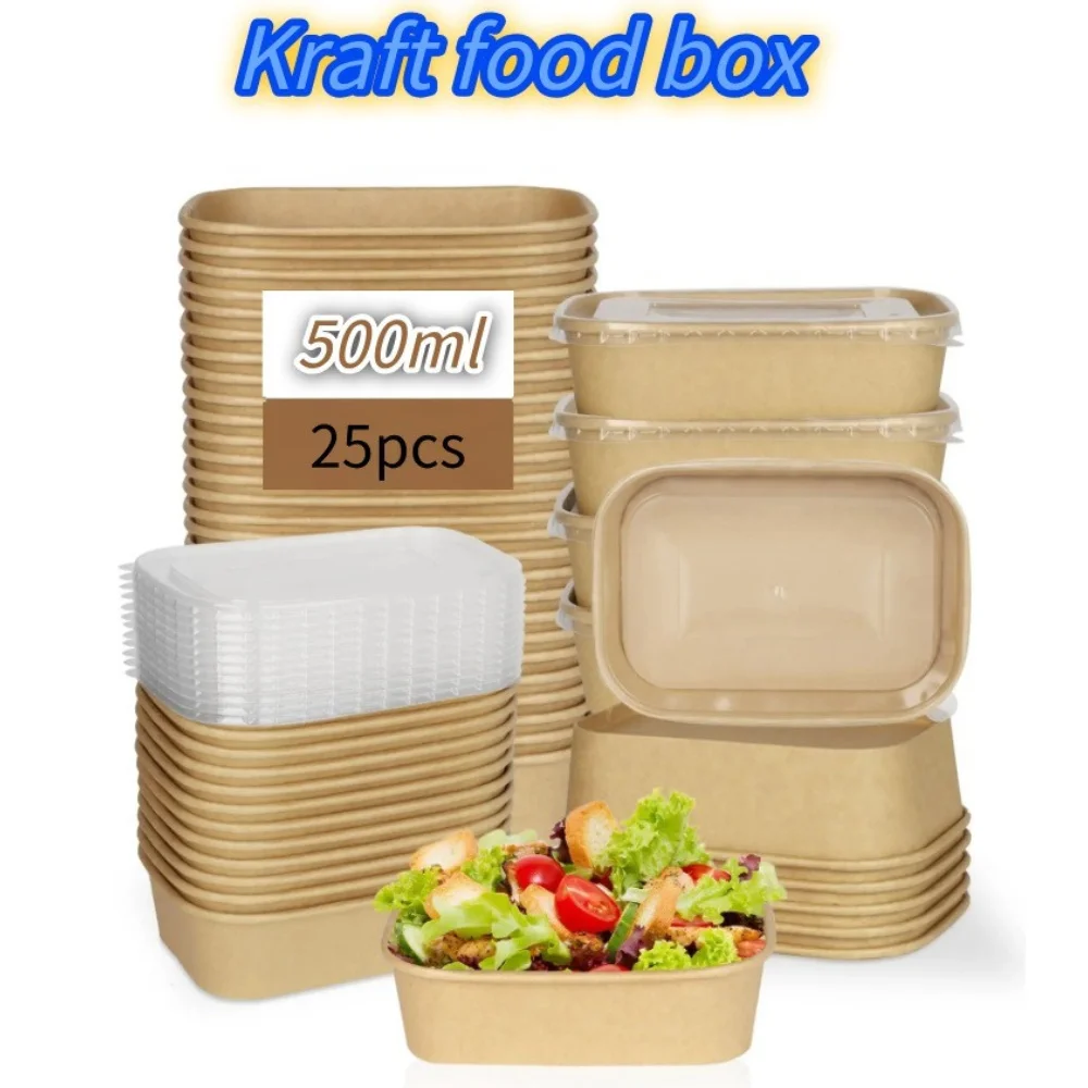 25 unids/set cajas de papel Kraft desechables loncheras con tapas cuencos de embalaje de comida rápida caja Bento para el hogar para Catering para llevar