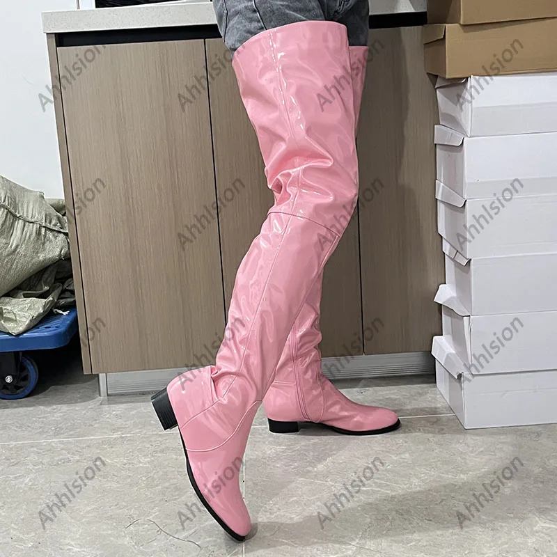 Ahhlsion New Women Winter Thigh Boots Patent Leather Zipper Flat With Heels Round Toe Blue Casual Shoes Ladies US Size 5-20