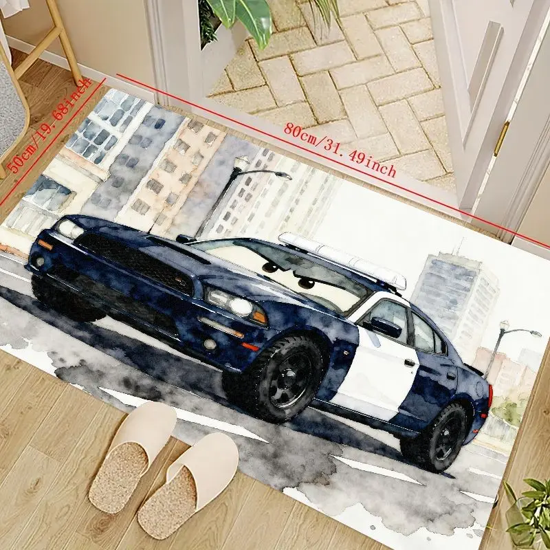 

1 шт. аниме мультфильм полицейский автомобиль напольный коврик, акварельный городской сцены детский коврик для спальни, синий анимированный автомобильный коврик для игровой комнаты для мальчиков