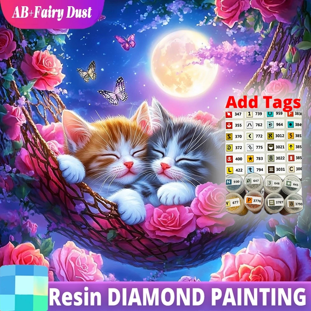 Harz-Feenstaub AB 5D Diamantmalerei Katze DIY Vollständige Stickerei Rosenblüten-Mosaik Kätzchen Tier Kreatives Freizeit-Heimdekor