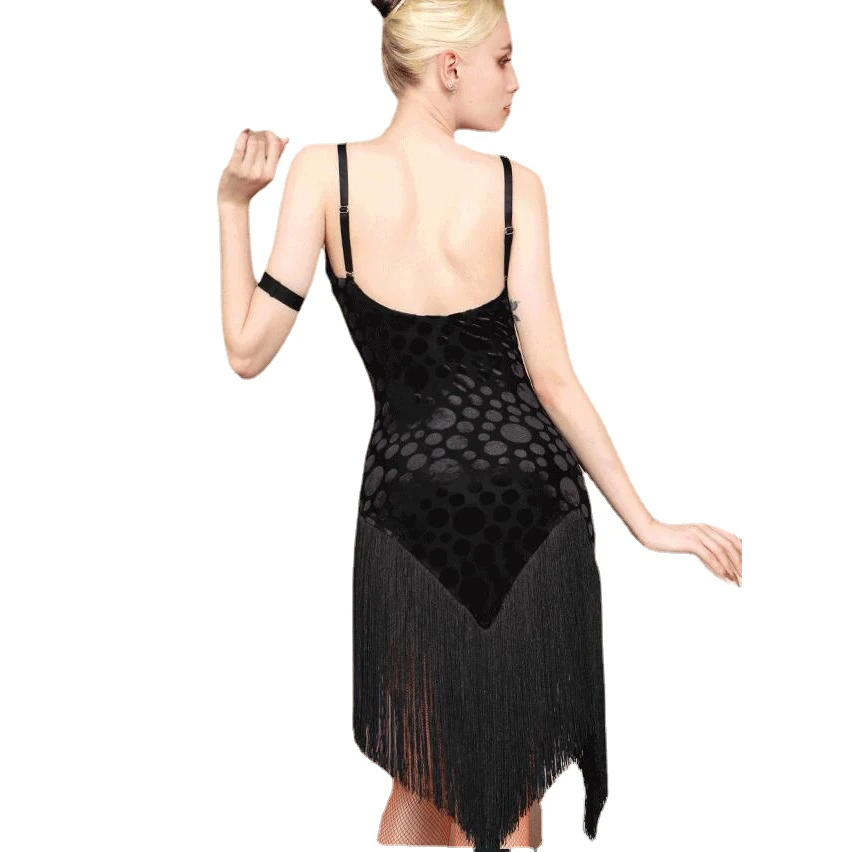 

Dot Mesh Fringed Latin Dance Dress With Bodysuit Tango Dance Costumes Party Dress Dance Wear