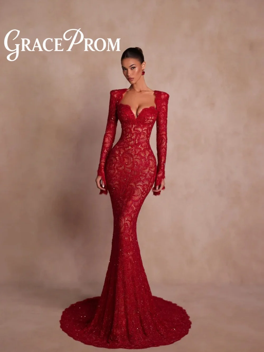 

GraceProm Luxurious Red Evening Dress 2026 Stunning Lace Carpet Gown Sparkling A-Line Floor-Length Party Gown فساتين سهرة