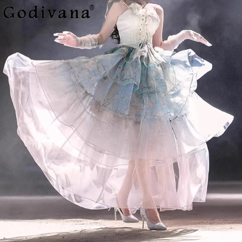 

Lolita Square Neck Fairy Suspender Princess Evening Dress Fashion High Waist A-line Versatile Age Reduction Long Cake Dresses