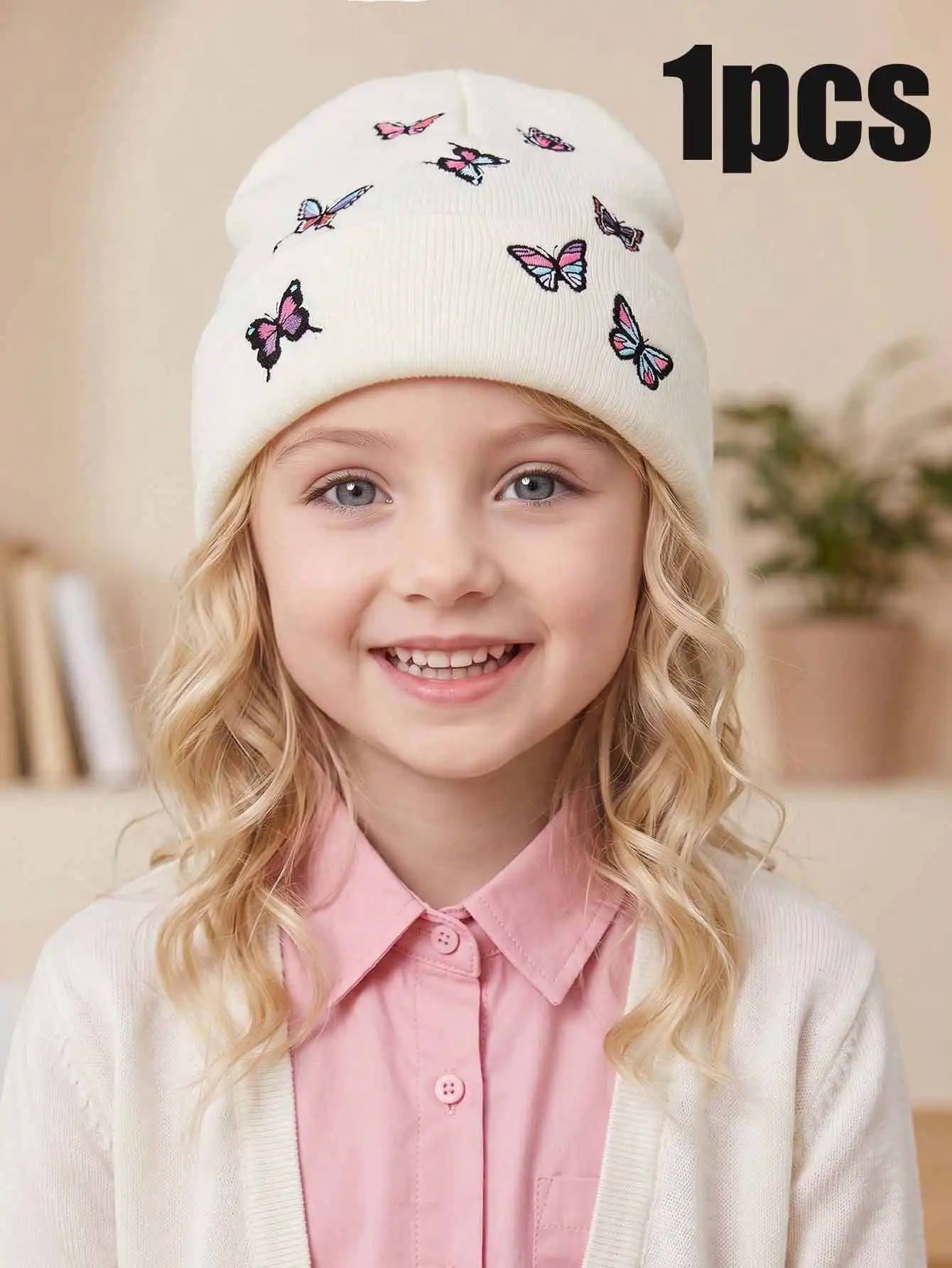 1Pcs 5-10Y Girls White Knitted Beanie With All‑Over Butterfly Embroidery,Sweet Soft Wrap‑Around Hat For Kids Daily Accessory