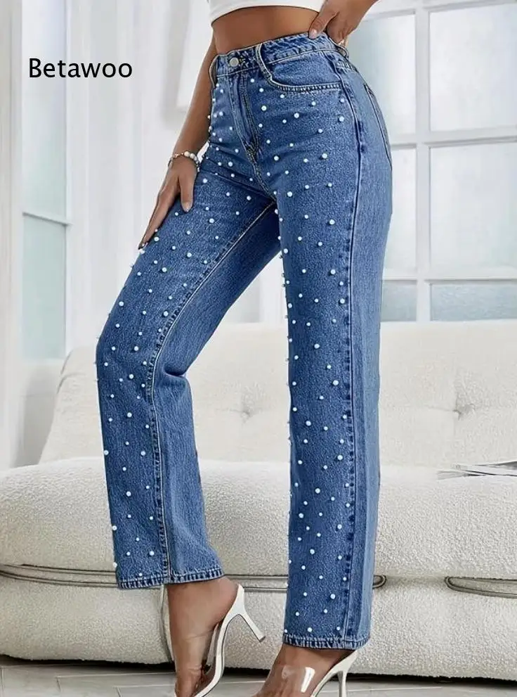 Women's High Waisted Rhinestone Embellished Straight Leg Jeans, Washed Denim Pants with Pearl Details in Multiple Colors