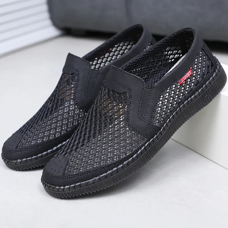 New Style Breathable Hollow out Mesh Slip-On Casual Low Top Shoes round Toe Flat Heel Beijing Men's Canvas Shoes Summer