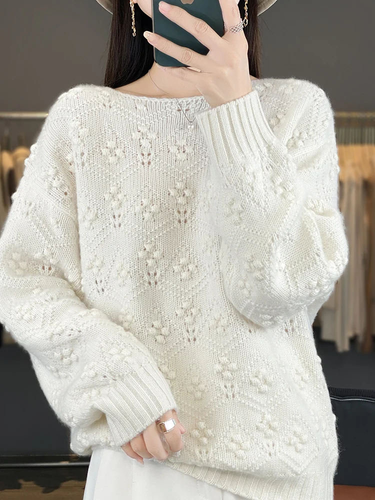 100% Merino Wool Textured Knit Pullover Women Boat Neck Loose Fit Long Sleeve Solid Autumn Winter Tick Warm Basic Sweater Top