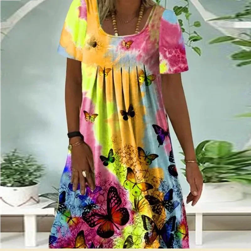 

Women's 2021 Summer Autumn Short Sleeve Round Neck Pleated Printed All-Match Dress Women Fashion Casual Loose Dress