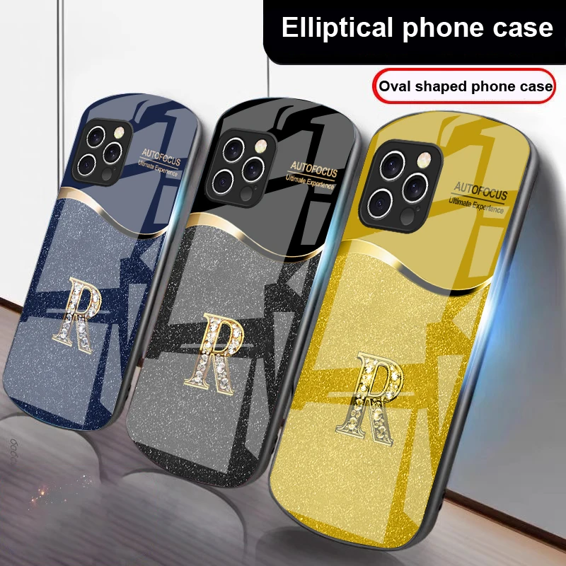 

Golden edged letter R For iPhone 16 15 14 13 Plus 12 mini 11 Pro Max XR Xs Max X 7 8 6 6S 2022 20 Elliptical glass phone case