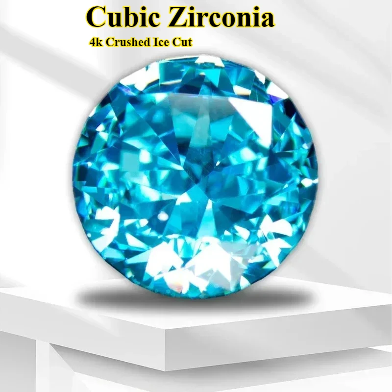 

4k Crushed Ice Cut Cubic Zirconia Stone Light Aquamarine Color Round Shape Grade Loose Lab Synthetic Gemstone For Jewe