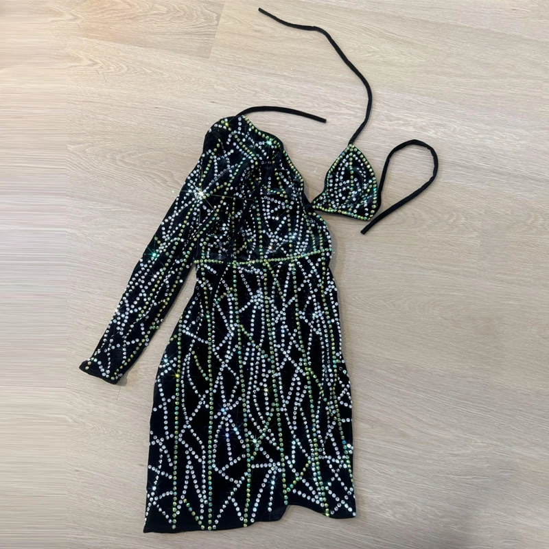 New One Sleeve Full Rhinestones Party Dress Women Group Gogo Dancer Outfit Bar Dj Ds Nightclub Stage Festival Costumes Set