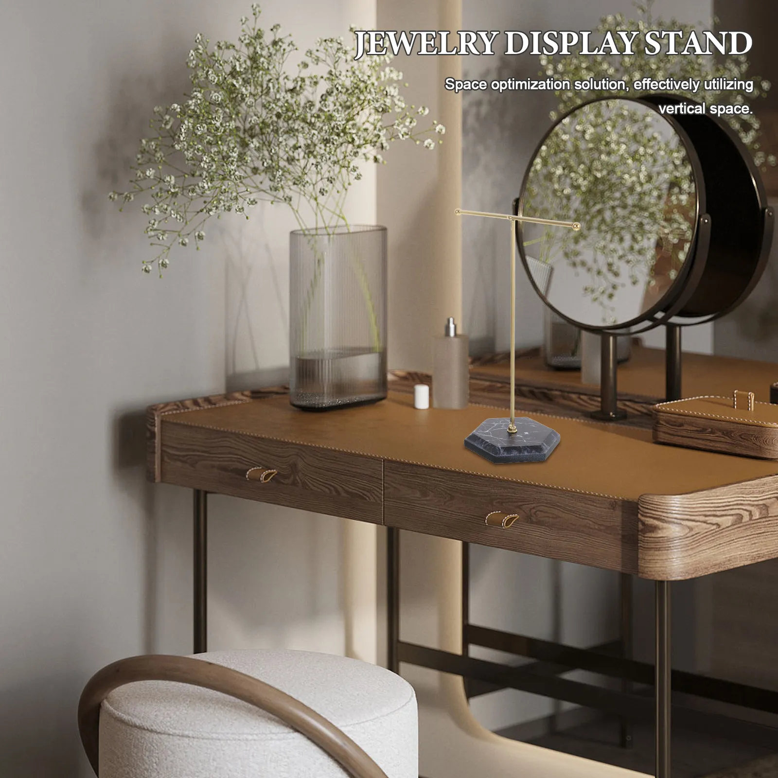 2Pcs Jewelry Organizer T Shaped Display Stand Necklace Bracelet Holder Marble Base Countertop Vanity Storage Organizer for Women