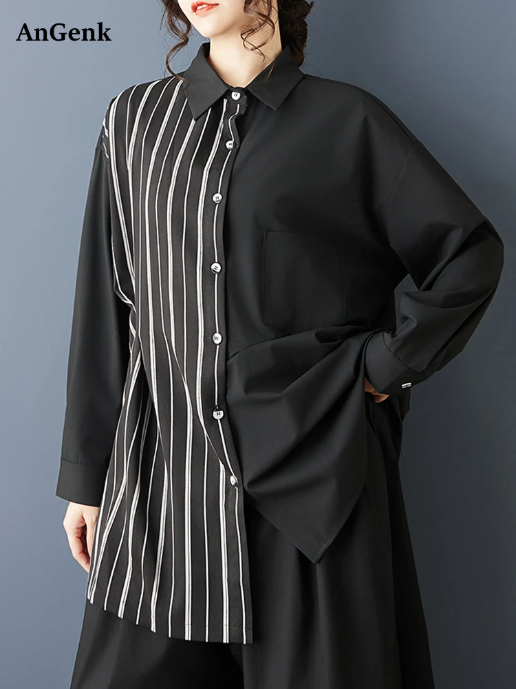 

Asymmetrical Striped Patchwork Vintage Shirt Women New Long Sleeve Loose Casual Blouse Top Fashion Clothing Spring Autumn 2026