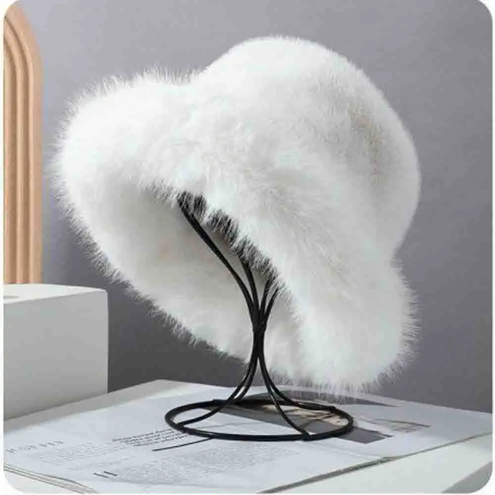 Fashion Faux Fur Big Bucket Hat Women Winter Panama Caps Fluffy Fur Ear Protection Cap Windproof Warm Headgear Girls Headwear