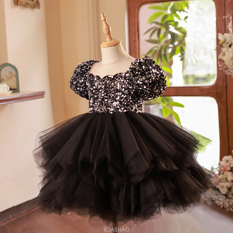 

Вечернее платье, блестящее праздничное платье для первого года рождения для девочек, юбка для выступлений, детский костюм, детский костюм для фортепиано, наряд для выступлений