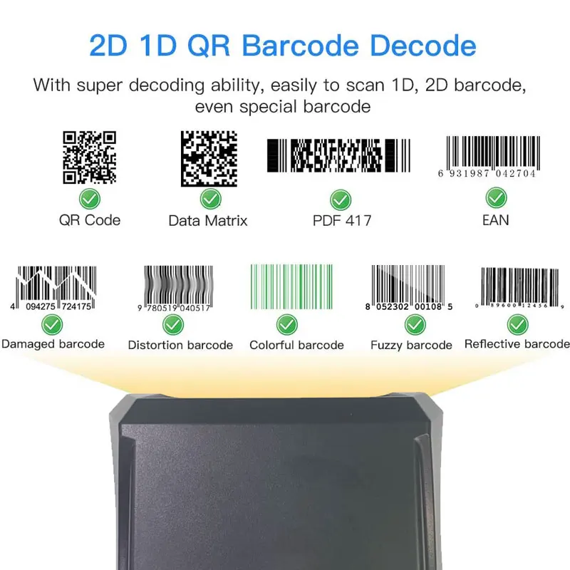 Imagem -03 - Hbapos-hands Barcode Scanner 1d 2d Ticketing qr Reader Leitor Omnidirecional com Fio Usb Plataforma Desktop 1.3 Mega Pixels