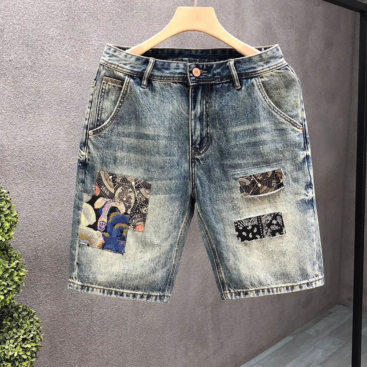 

Summer Men's Retro Patchwork Embroidered Denim orts Five-Quarter Length High Street Sle Wear Resistant Stand Fit Jeans