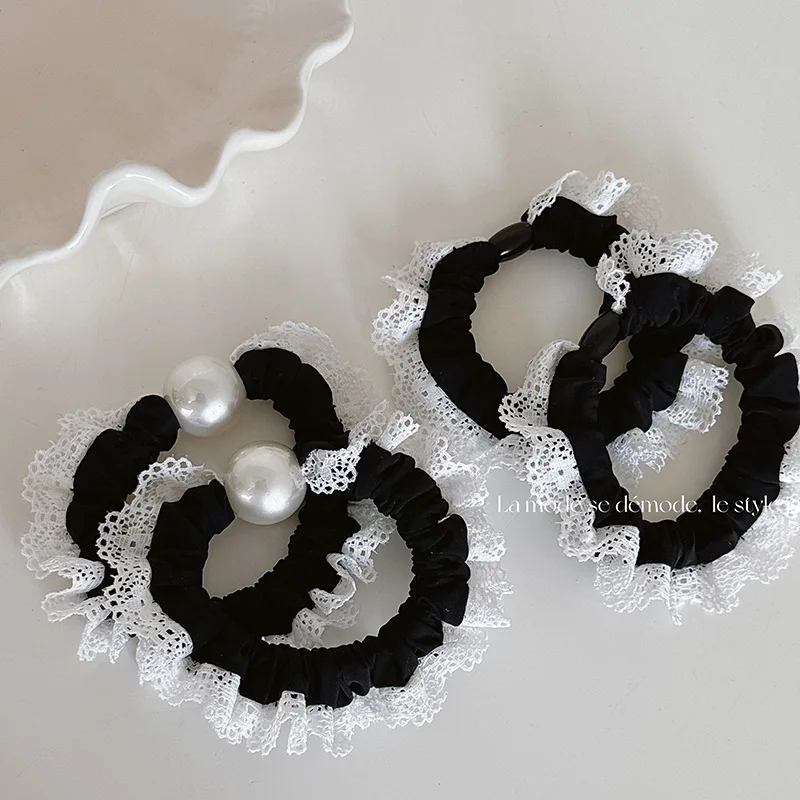 South Korea Dongdaemun New Pearl Headband Hair Band Elastic and Durable Rubber Band Leather Cover Sweet Lace Hair Rope