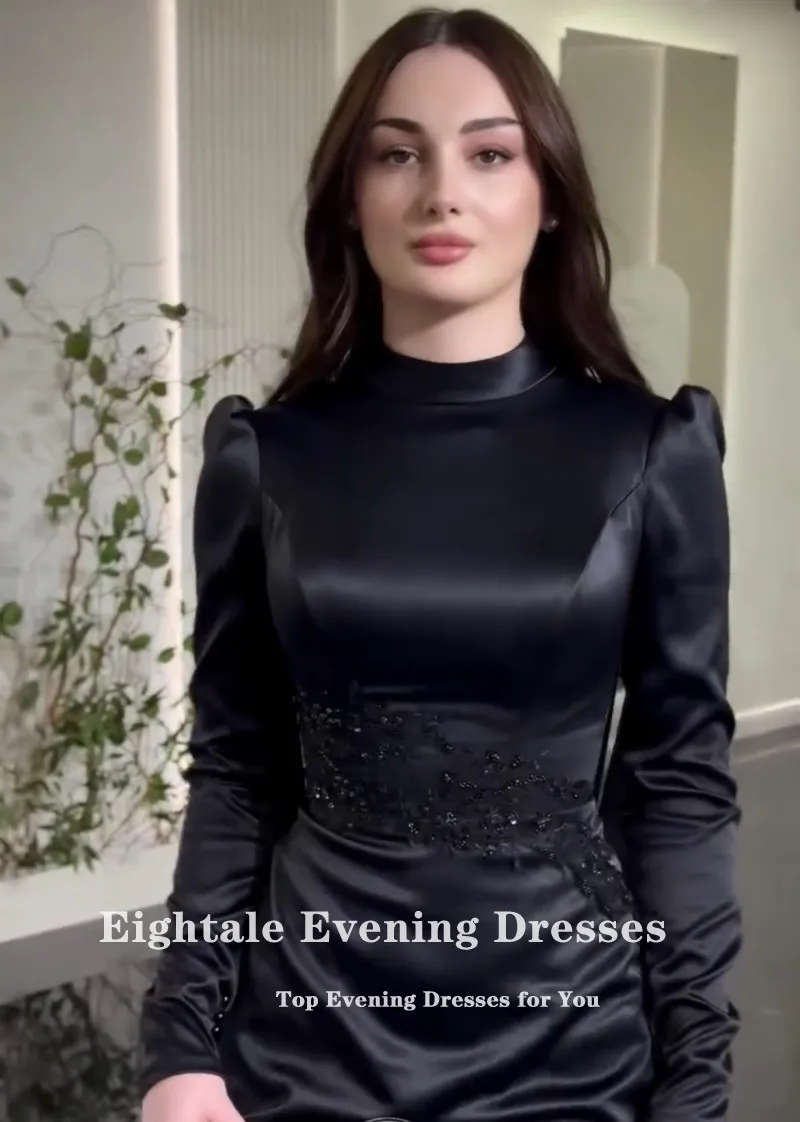 Eightale Arabic Wedding Dress Customized Black Appliques Bridal Gown Long Sleeves Muslim Mermaid Floor Length Bride Party Dress