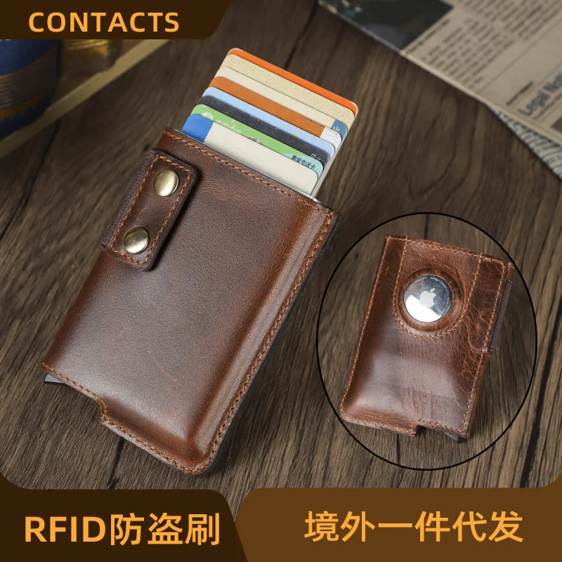 

HTS-M1363 Retro Casual RFID Anti Magnetic Card Bag, Trendy Mini Airtag Tracker, Leather Bank Card Bag