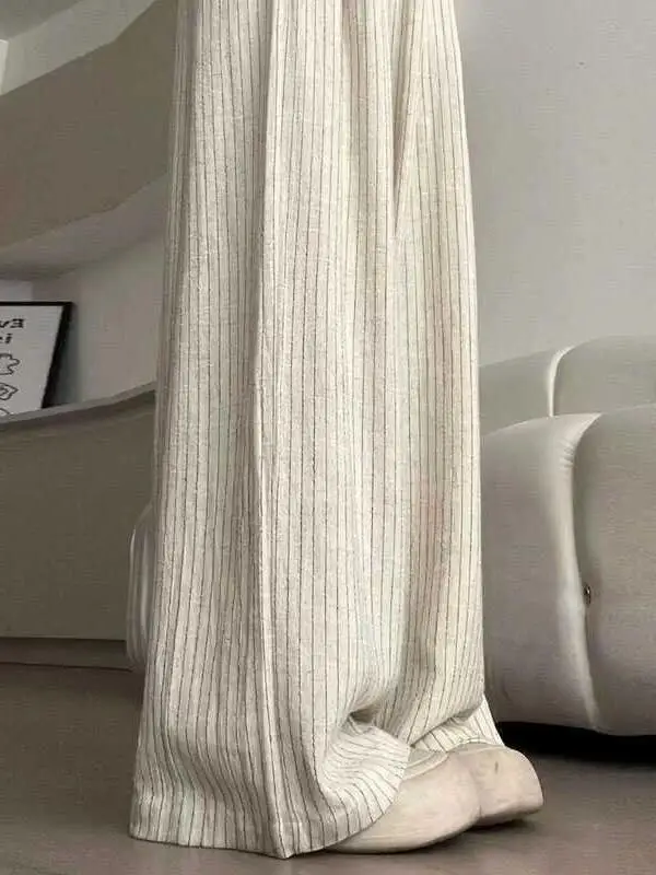 Extra Large 300 Pounds Cotton Linen Lazy Drape Casual Pants Women Summer Loose Thin Stripe Linen Wide Leg Long Pants