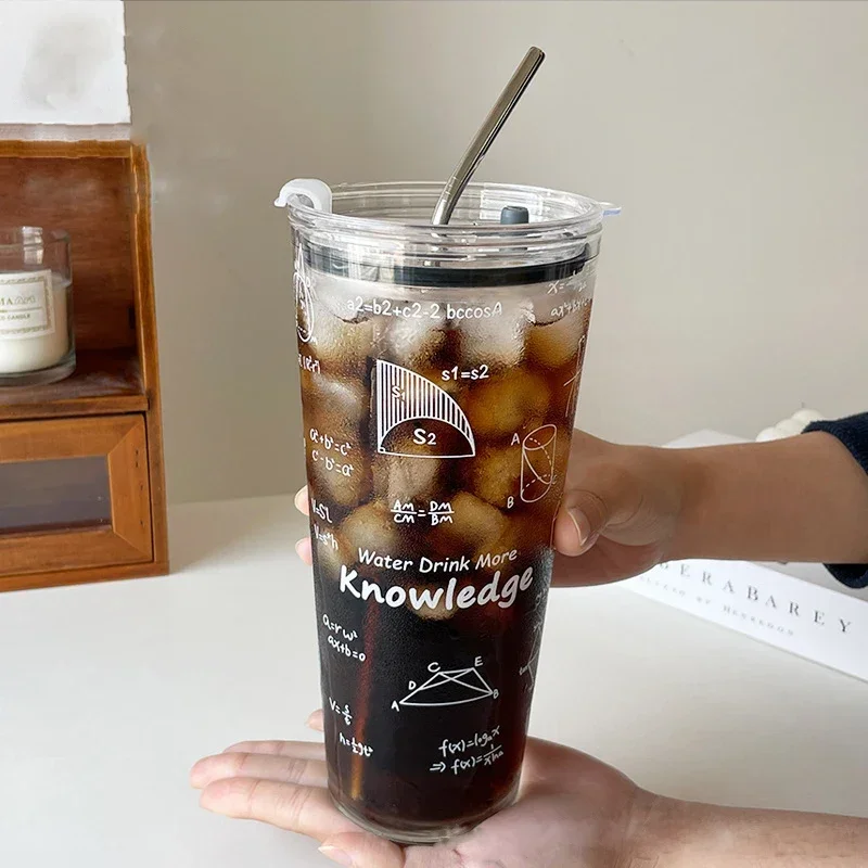

1000ml Large Capacity Mathematical Pattern Clear Glass Cup Utensils Cup With Lid And Stainless Steel Straw Milk Juice Mug