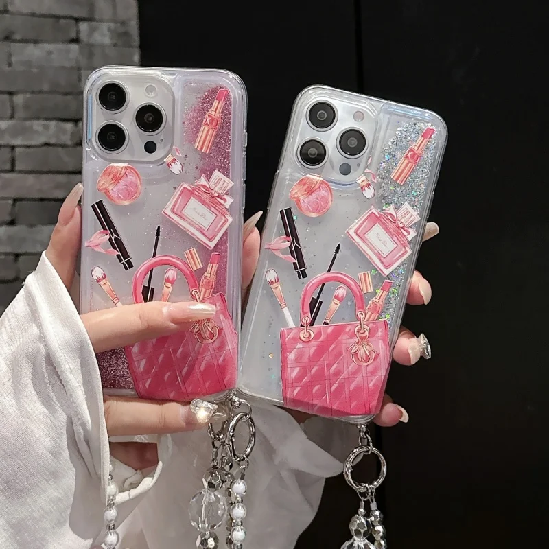 Girl Quicksand Handbag eyebrow pencil Phone Case for iPhone 11 12 13 14 15 16 Pro Max Plus X XS XR Lipstick perfume bottle Cover